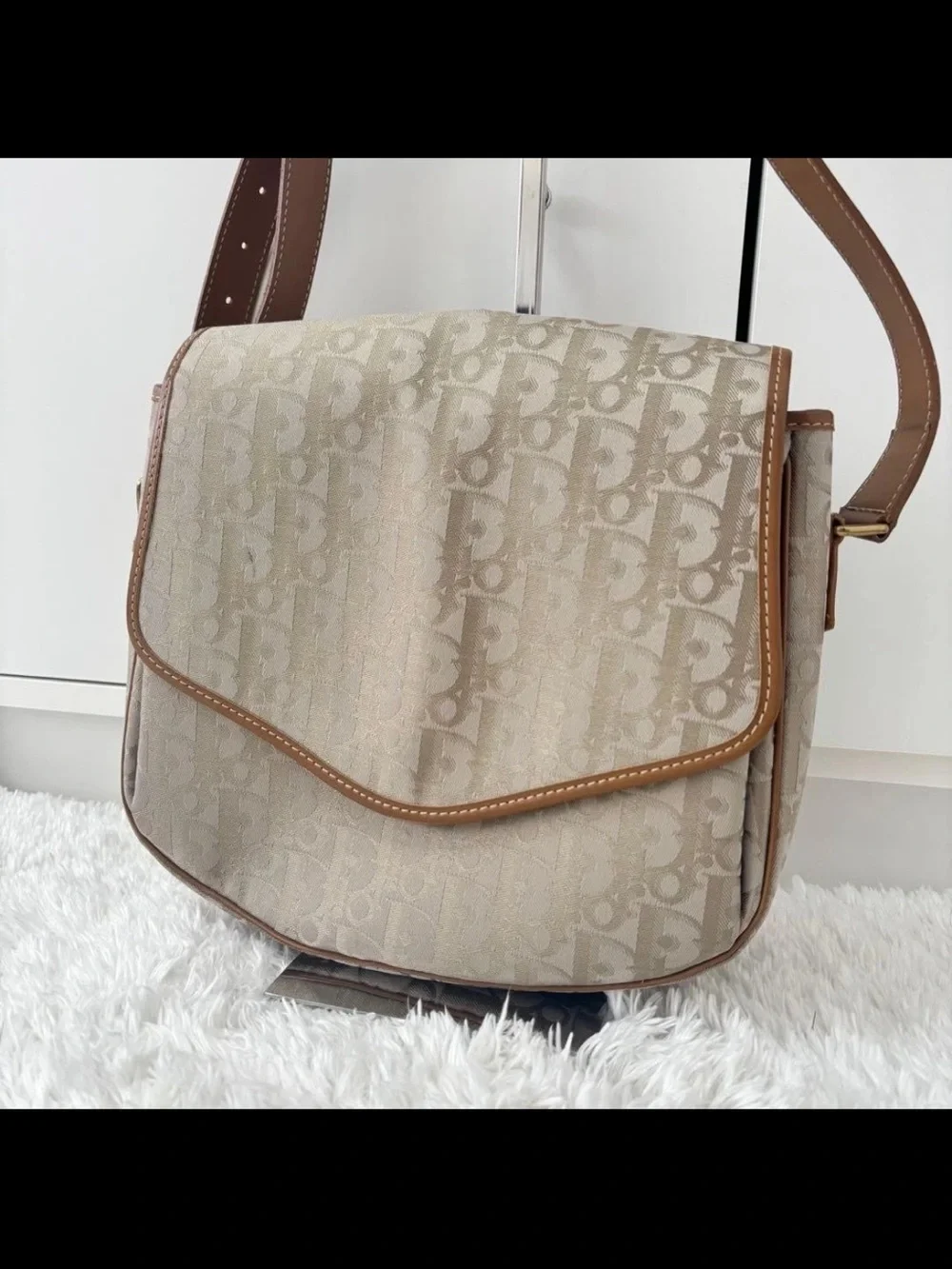 Dior Beige Monogram Crossbody with Brown Trim